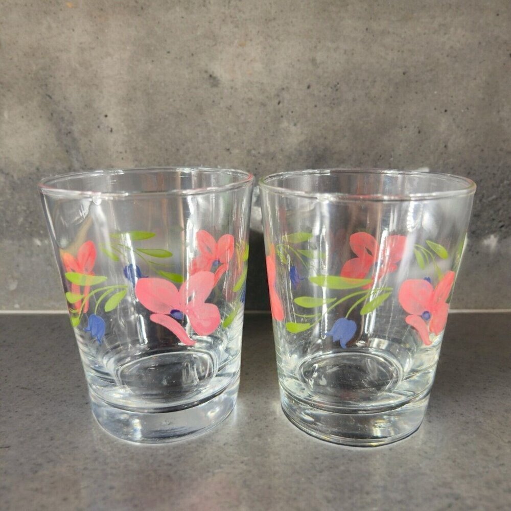 Vintage Libbey Double Old‎ Fashion Lowball Barware Glasses Pink Flowers Set 2